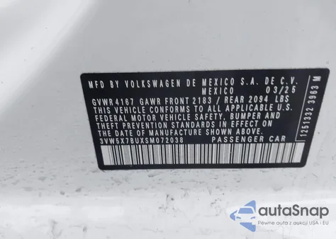 2025 Volkswagen Jetta 1.5T S z USA, uszkodzony, nr VIN 3VW5X7BUXSM072038